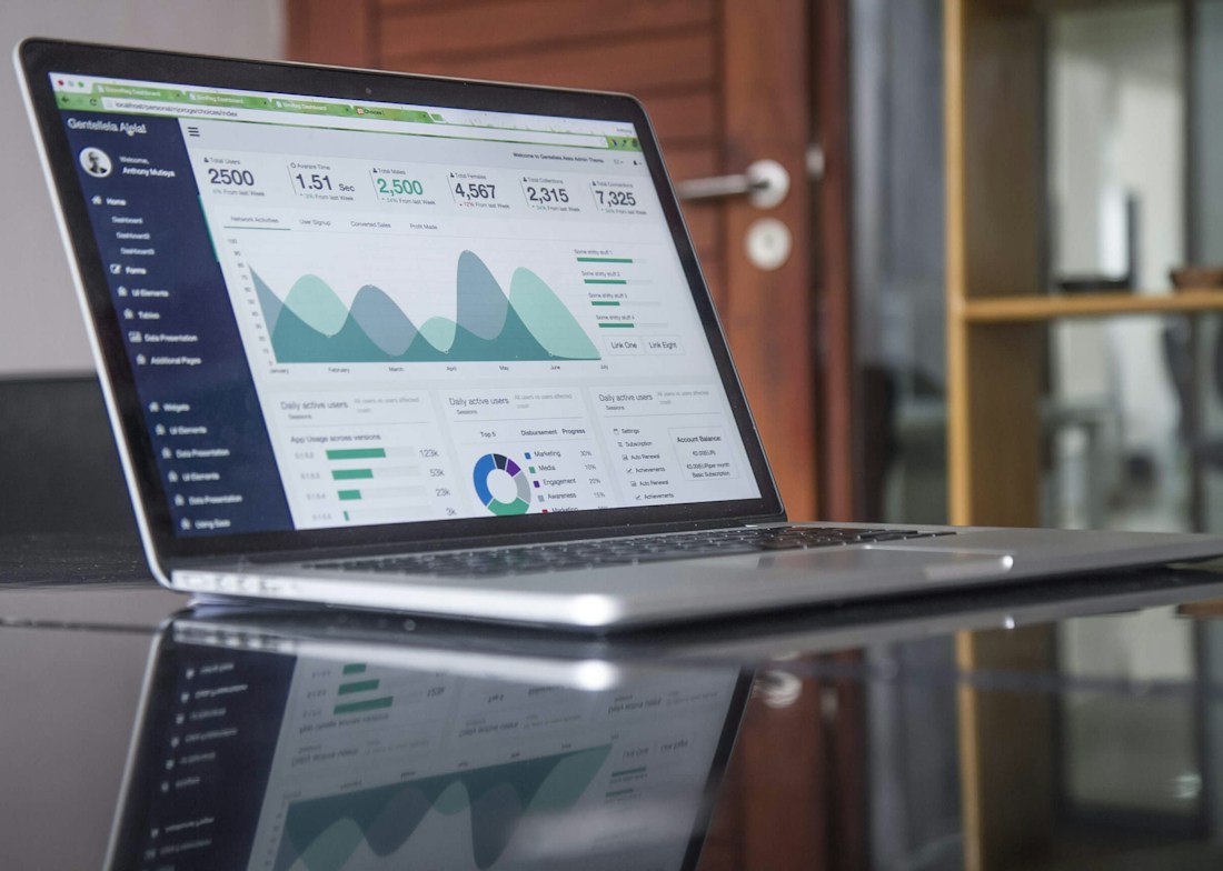 Financial analysis dashboard and charts on a laptop